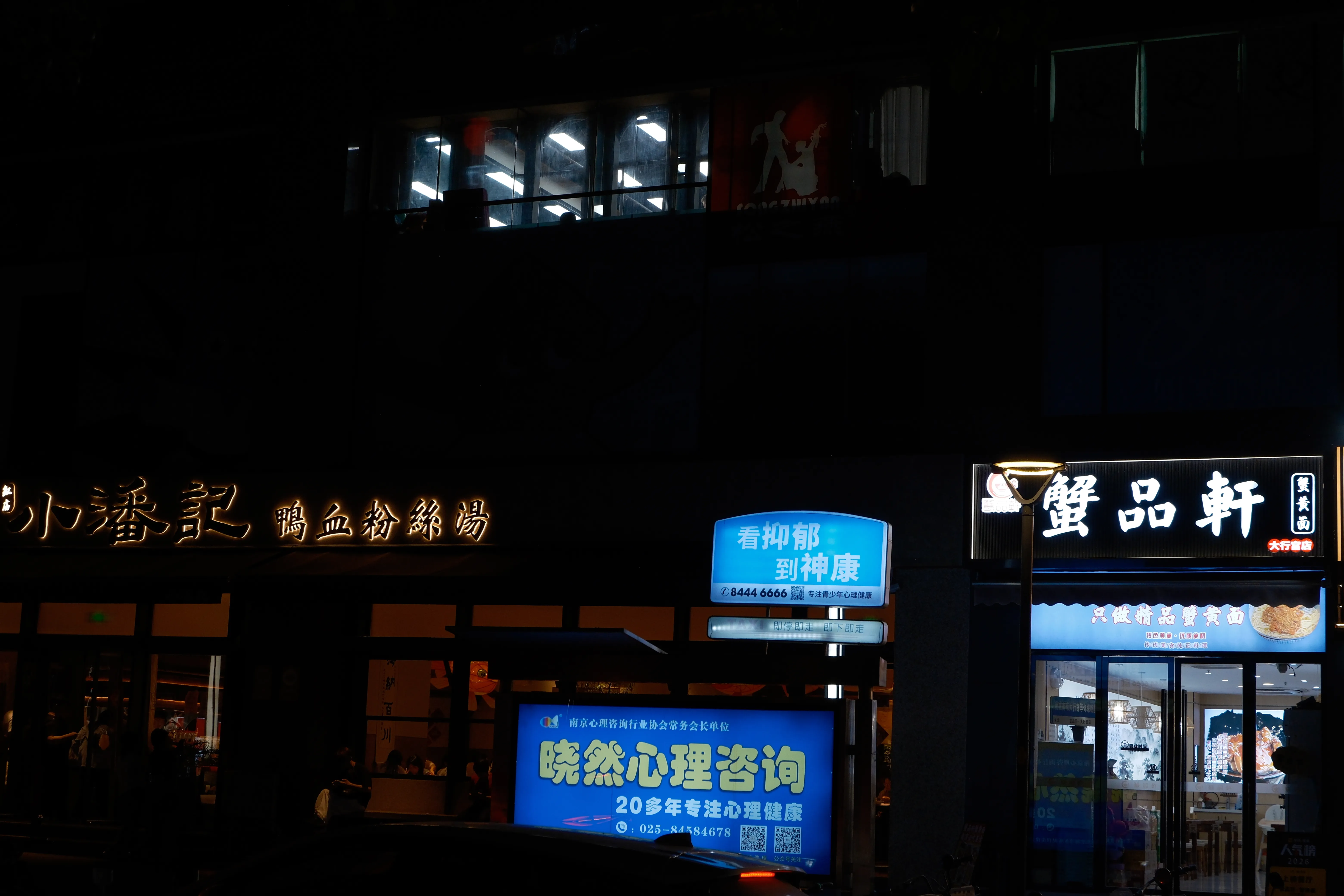 A dark street front at night lit by shop signs, including a duck blood vermicelli soup restaurant, a crab-roe noodle shop, and two glowing blue signs advertising psychological counselling